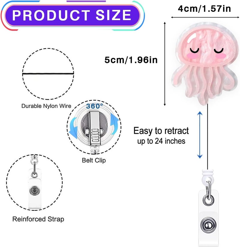 LEBEIGHT Pink Jellyfish Badge Reel Retractable for Nurse, Doctor, Medical Worker & Nursing Student | Cute Pediatric Nurse ID Name Badge Holder with Alligator Clip & 24” Durable Nylon Retractable Cord | Acrylic - Image 2
